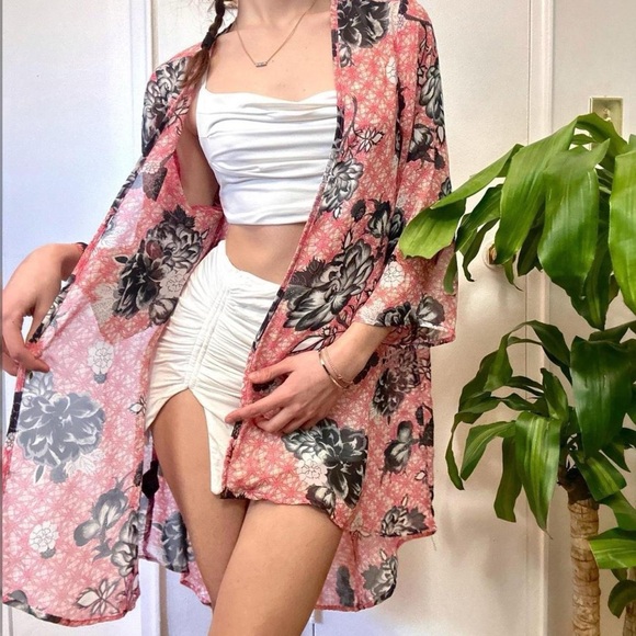 πBohemian Floral Chiffon Kimono Wrap Open Front In Coral Tones Size Small - Picture 2 of 8